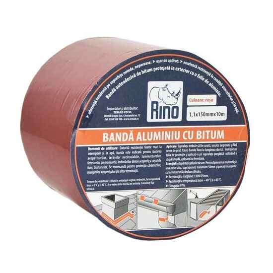 Bandă de etanșare din aluminiu cu bitum RINO, 1,1mmx150mmx10m, roșu