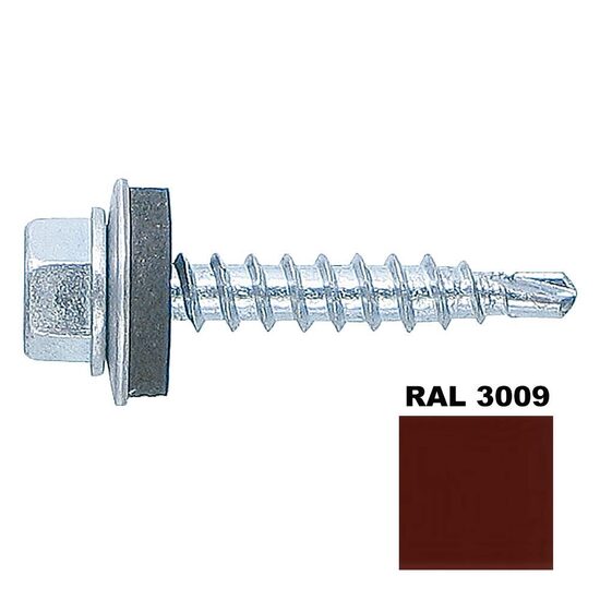 Șurub autoforant STARKFIX, cu cap hexagonal și șaibă EPDM, pentru metal, 4,8x35, RAL3009, 250buc