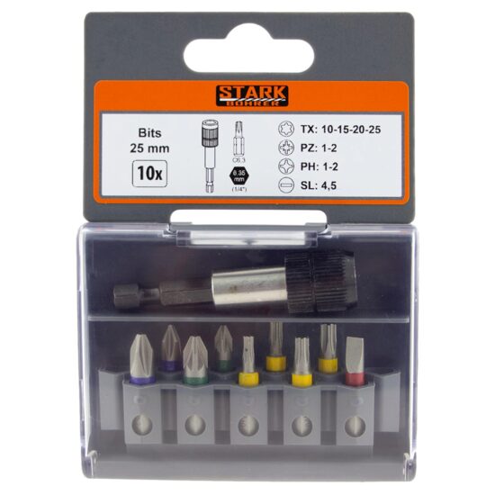 Set 10 biți + adaptor rapid STARK BOHRER, PZ 1-2,PH1-2, Tx 10-15-20-25, SL 4,5