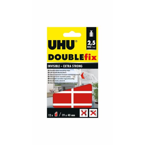 Bandă dublu adezivă UHU Double Fix, transparentă, 19x40mm, 12 bucăți pretăiate