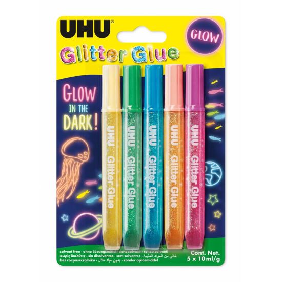 Lipici decorativ cu sclipici UHU Glitter Glue, Fosforescent, 5x10ml 